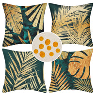 1 x Brand New HomeStilez Set of 4 Green Cushion Covers 45 x 45 cm Waterproof Linen Golden Palm Leaves Decorative Pillow Cushion Cover Tropical Plant Theme Couch Cushion for Garden Bench Chair Sofa Furniture - RRP €19.18