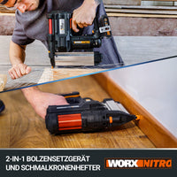 1 x RAW Customer Returns WORX NITRO 18V 20V MAX Nailer WX840.1, PowerShare, 2-in-1 nail gun and narrow crown stapler, LED light, 2X2Ah battery, 200 pcs. 38mm 18-gauge brad nails, 32mm 18-gauge nail staples - RRP €252.1