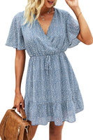 1 x RAW Customer Returns Awemeal Summer Dress Women Short Print Boho Dresses Beach Dress Short Sleeve V-Neck Chiffon Dress Ruffle Mini Dress with Belt L, Light Blue  - RRP €37.3