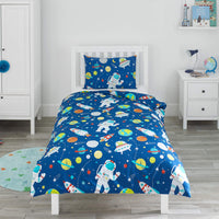 1 x RAW Customer Returns Bloomsbury Mill - Reversible Duvet Cover Set for Boys and Girls - Outer Space, Rockets and Planets - Single Duvet Cover Set and Pillows for Children s Bed - 135 x 200 cm - Blue - RRP €24.75