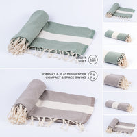 1 x RAW Customer Returns Tadussi Beach Towel Sauna Towel Fouta 100x200 Set of 2 Ideal as Hammam Towel Beach Towel XXL Picnic Blanket for Women Men - Extra Large - 100 Cotton in Olive Green Taupe - RRP €40.33