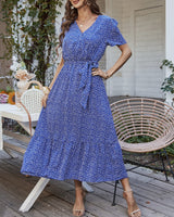 1 x RAW Customer Returns Women s Summer Long Dress V-Neck Short Sleeve Floral Maxi Dress A-Line Ruffle Summer Dress Slit Belt Boho Beach Dress Wrap Dress 2023, C Blue, XL - RRP €38.4