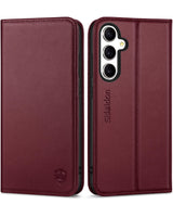 1 x RAW Customer Returns SHIELDON Case for Galaxy S23 FE 5G, Case Genuine Leather 3 Card Slots RFID Blocker Kickstand Shockproof TPU Inner Case Cover Flip Case Compatible with Galaxy S23FE 2023 6.4 - Wine Red - RRP €30.99