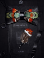 1 x RAW Customer Returns JEMYGINS Handmade Wedding Party Leather Bow Tie Feather Bow Ties with Gift Box Set for Men 12 , Black Feather Dark Green Orange - RRP €18.99