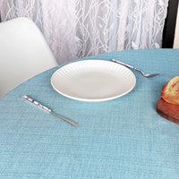 5 x Brand New WELTRXE tablecloth, pearlescent look tablecloth made of polyester with lace hem, 180cm table cloth beautiful table decoration, round blue table linen for garden balcony home wedding festival - RRP €55.45