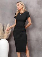 1 x RAW Customer Returns Missufe Summer Dress Midi Dress Bodycon Slit Pencil Dress Women Casual Dress Tight Short Sleeve Figure-hugging Gathered T Shirt Dresses Black, Medium  - RRP €29.99