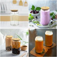 1 x RAW Customer Returns Winter Shore 500 ml Glass Tumbler with Lid and Straw 4-Pack - Reusable Drinking Glass with Bamboo Lid - 4 Glass Straws, 2 Brushes - Can Shape Glasses for Iced Coffee, Tea, Boba - RRP €23.18