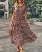 1 x RAW Customer Returns Women Summer Round Neck Ruffles Short Sleeve Boho Long Dress A Line High Waist Floral Maxi Dress Tiered Summer Dress Dresses Beach Dress 2023, Brown, S - RRP €34.27