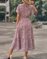 1 x RAW Customer Returns Women Summer Round Neck Ruffles Short Sleeve Boho Long Dress A Line High Waist Floral Maxi Dress Tiered Summer Dress Dresses Beach Dress 2023, Pink, S - RRP €33.26