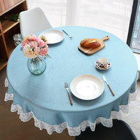 3 x Brand New WELTRXE tablecloth, pearlescent look tablecloth made of polyester with lace hem, 180cm table cloth beautiful table decoration, round blue table linen for garden balcony home wedding festival - RRP €33.27