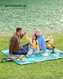 1 x RAW Customer Returns SONGMICS Picnic Blanket, 200 x 150 cm, Large Camping Blanket for Park, Garden, Beach, Waterproof, Machine Washable, Foldable, Light Blue with Tropical Fern GCM001Q01 - RRP €22.02