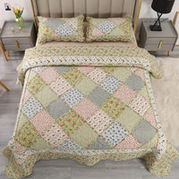 1 x RAW Customer Returns VIVILINEN Bedspread 220x240 Green Patchwork Bedspread Double Bed Quilted Blanket 3-Piece Microfiber Bedspread with 2 Pillowcases 50x70cm for Bedroom as a Sofa Throw - RRP €30.24