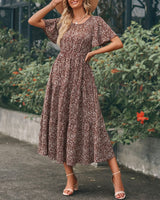 1 x RAW Customer Returns Women Summer Round Neck Ruffles Short Sleeve Boho Long Dress A Line High Waist Floral Maxi Dress Tiered Summer Dress Dresses Beach Dress 2023, Brown, S - RRP €34.27