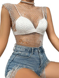 1 x RAW Customer Returns GORGLITTER Glitter Top Women s Party Crop Top with Rhinestones Y2k Transparent Top Sexy Fishnet Crop Top White S - RRP €24.19