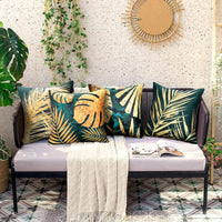 1 x Brand New HomeStilez Set of 4 Green Cushion Covers 45 x 45 cm Waterproof Linen Golden Palm Leaves Decorative Pillow Cushion Cover Tropical Plant Theme Couch Cushion for Garden Bench Chair Sofa Furniture - RRP €19.18