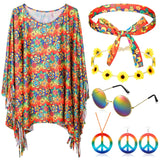 1 x RAW Customer Returns HICARER 6 Piece Hippie Costume Set Including Hippie Poncho Peace Sign Necklace Earrings 60s 70s Hairband Hippie Sunglasses Headband 70s Clothing Accessories for Women Flower  - RRP €30.24