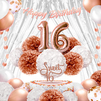 11 x Brand New EpiqueOne 41-piece rose gold Sweet 16 birthday decorations for girls includes a Happy Birthday banner, cake topper, silk fabric pom poms and more - RRP €211.2