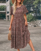 1 x Brand New Bequemer Laden Women Summer Casual Round Neck Ruffles Short Sleeve Boho Maxi Dresses A-Line Elastic Waist Floral Long Dress Elegant Layers Dresses - RRP €33.99