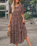 1 x RAW Customer Returns Women Summer Round Neck Ruffles Short Sleeve Boho Long Dress A Line High Waist Floral Maxi Dress Tiered Summer Dress Dresses Beach Dress 2023, Brown, S - RRP €34.27