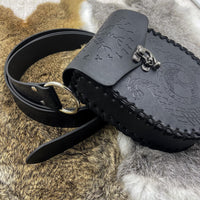 1 x RAW Customer Returns HiiFeuer Medieval Embossed Ring Belt with Embossed Nordic Belt Pouch, Vintage Faux Leather Belt and Pouch Set for LARP Black A  - RRP €36.0