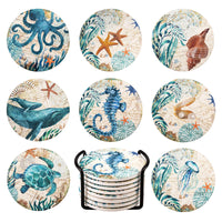 1 x RAW Customer Returns JelyArt Coasters for Drinks, Absorbent Coasters with Holder Absorbent Ceramic Cork Base, Set of 8 Coasters Birthday Housewarming Gifts Ocean Life Theme  - RRP €18.99