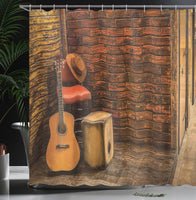 1 x RAW Customer Returns ABAKUHAUS Music Shower Curtain, Wooden Stage Pub Cafe, Textile Bathroom Decor Set with Hooks, 70 x 79 , Dark Orange Sand Brown - RRP €25.16