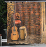 1 x RAW Customer Returns ABAKUHAUS Music Shower Curtain, Wooden Stage Pub Cafe, Textile Bathroom Decor Set with Hooks, 70 x 79 , Dark Orange Sand Brown - RRP €25.16