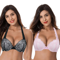 1 x RAW Customer Returns Curve Muse Women s Plus Size Add 1 and a Half Push Up Convertible Underwire Lace Bras - 2 Pack-Black,Pink-125C-V2 - RRP €46.99