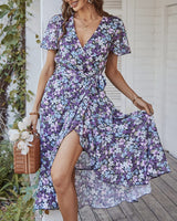 1 x RAW Customer Returns Women s Summer Long Dress V-Neck Short Sleeve Floral Maxi Dress A-Line Ruffle Summer Dress Slit Belt Boho Beach Dress Wrap Dress 2023, B Black, S - RRP €39.99