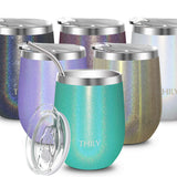 1 x RAW Customer Returns THILY Vacuum Insulated Stemless Wine Glass - Stainless Steel 12oz Cute Travel Mug with Leakproof Lid and Straw, Keeps Drinks Cold or Hot, Glitter Teal - RRP €18.04