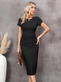 1 x RAW Customer Returns Missufe Summer Dress Midi Dress Bodycon Slit Pencil Dress Women Casual Dress Tight Short Sleeve Figure-hugging Gathered T Shirt Dresses Black, Medium  - RRP €29.99