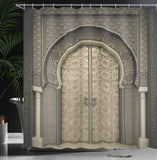 1 x RAW Customer Returns ABAKUHAUS Moroccan Shower Curtain, Aged Gate Geometric, Textile Fabric Bathroom Decoration Set with Hooks, 79 x 94 , Sepia Black - RRP €31.27