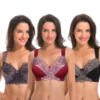 1 x RAW Customer Returns Curve Muse Plus Size Unlined Minimizer Wireless Bra with Embroidered Lace-3 Pack-Gray,Burgundy,Black-100F - RRP €50.99