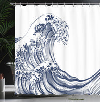 1 x RAW Customer Returns ABAKUHAUS Japanese Wave Shower Curtain, Oriental Vintage, Textile Fabric Bathroom Decoration Set with Hooks, 79 x 87 , Navy Blue White - RRP €26.46