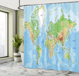 1 x RAW Customer Returns ABAKUHAUS World Map Shower Curtain, Topographic Education, Fabric Bathroom Decor Set with Hooks, for Bathtub, 175cm x 240cm, Aqua Green - RRP €30.36