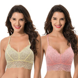 1 x RAW Customer Returns Curve Muse Plus Size Plunge Unlined Bralette with Floral Lace-2 Pack-Pink, Yellow-XL - RRP €32.08