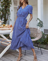 1 x RAW Customer Returns Women s Summer Long Dress V-Neck Short Sleeve Floral Maxi Dress A-Line Ruffle Summer Dress Slit Belt Boho Beach Dress Wrap Dress 2023, C Blue, XL - RRP €38.4