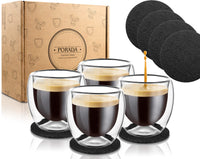 1 x RAW Customer Returns Porada 4 double-walled espresso glasses set 80ml 4 extra coasters dessert glasses double-walled glasses espresso cups set thermal glasses, gift set Turkish tea glass - RRP €22.99