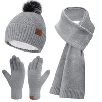 1 x RAW Customer Returns Women Winter Beanie Hat Long Scarf Touch Screen Gloves Set Knitted Pompom Hat with Fleece Lining - RRP €32.26