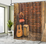 1 x RAW Customer Returns ABAKUHAUS Music Shower Curtain, Wooden Stage Pub Cafe, Textile Bathroom Decor Set with Hooks, 70 x 79 , Dark Orange Sand Brown - RRP €25.16