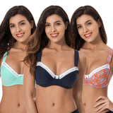 1 x RAW Customer Returns Curve Muse Women s Plus Size Underwire Unlined Balconette Cotton Bra - 3 Pack-Navy,Light Green,Orange Print-35C - RRP €47.64