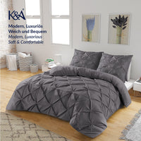 1 x Brand New K A Pintuck Pinch Pleated Duvet Cover Bed Linen with Pillowcase 80 x 80 cm with Zip Easy Care Machine Washable Soft Microfibre Bedding Grey, 200 x 200  - RRP €28.22