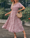 1 x RAW Customer Returns Women Summer Round Neck Ruffles Short Sleeve Boho Long Dress A Line High Waist Floral Maxi Dress Tiered Summer Dress Dresses Beach Dress 2023, Pink, S - RRP €33.26