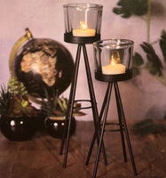 1 x RAW Customer Returns Set of 2 tea light holders in a modern design made of metal, candle holder iron glass, vintage industrial decoration, black 8x19cm 8x24cm - RRP €18.35