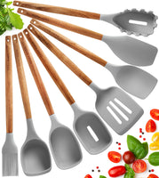 1 x RAW Customer Returns Silicone Kitchen Utensils Set Silicone Cooking Ladles - 8 Piece Silicone Kitchen Utensils Set with Acacia Wood Handle - Heat Resistant and Non-Stick Cooking Tool - RRP €19.99