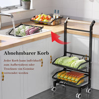 1 x RAW Customer Returns COVAODQ Vegetable Rack for Kitchen, Stackable Fruit Basket Vegetables, Storage Trolley Kitchen Trolley with Lockable Wheels and Wooden Plate, for Bathroom, Kitchen, Office Wooden Handle  - RRP €50.41