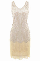 1 x RAW Customer Returns BABEYOND Gatsby Dress Women 1920s Dress 1920s Flapper Dress 1920s Evening Dress Sequin Embellished Fringed Gatsby Dress Sleeveless Beige 1, S  - RRP €51.05