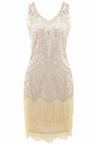 1 x RAW Customer Returns BABEYOND Gatsby Dress Women 1920s Dress 1920s Flapper Dress 1920s Evening Dress Sequin Embellished Fringed Gatsby Dress Sleeveless Beige 1, S  - RRP €51.05