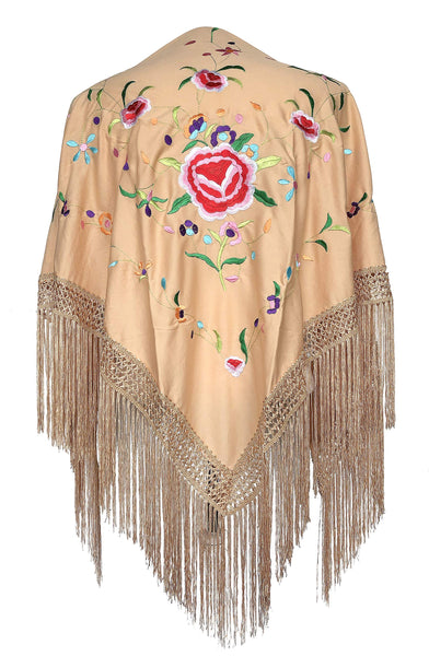 1 x RAW Customer Returns La Se orita Embroidered Shawls Flamenco Manton de Manila beige colorful flowers medium 160 80cm for Women - RRP €26.95