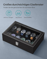 1 x RAW Customer Returns SONGMICS 12-Seater Watch Stand, Watch Box, Glass Lid, Removable Cushions, Metal Closure, Gift Idea, Black PU Surface, Black Interior JWB12B - RRP €25.99